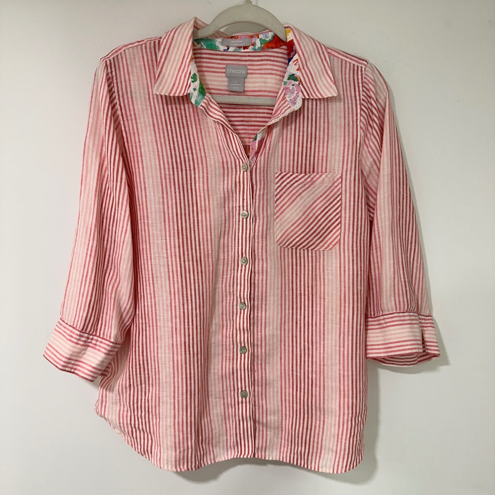 Chico's Women Linen Shirt FreshChic Striped Floral Trim Size 1 M Red Pink White